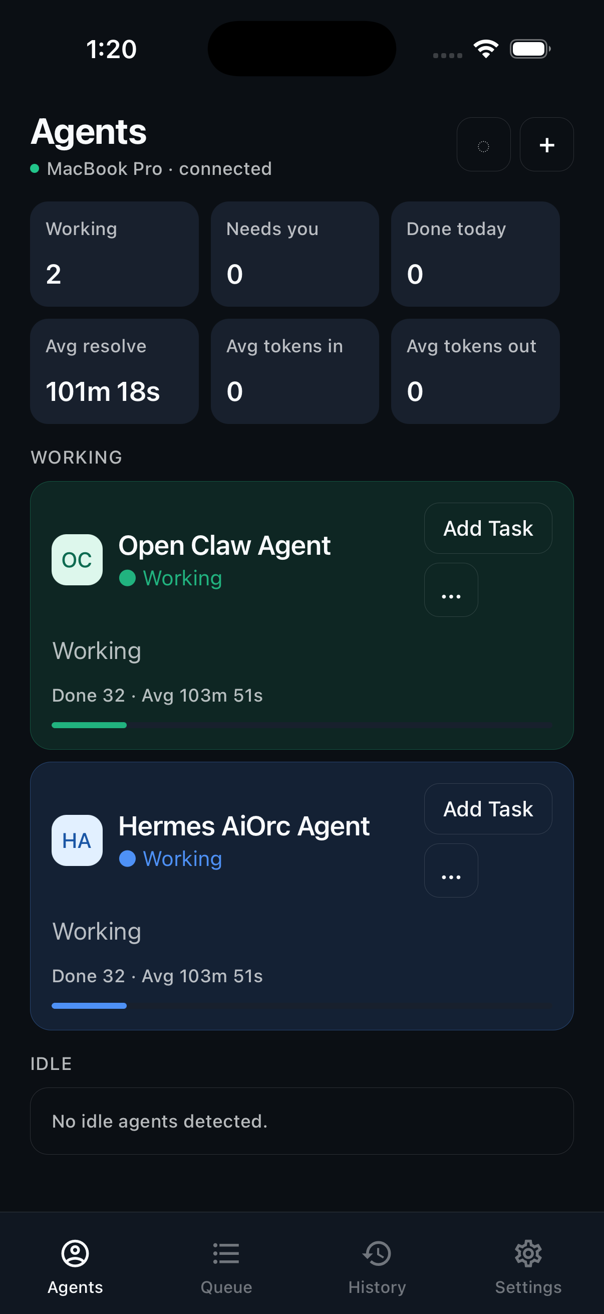 Agent Control iPhone Agents screen showing two desktop agents working with progress cards